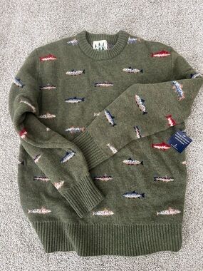 Kiel James Patrick Olive Green Crewneck Sweater with Multicolor Fish Motif